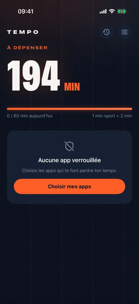 Écran d'accueil de Tempo : un solde de 194 minutes à dépenser